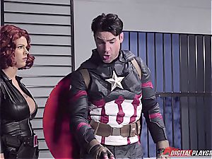 Captain America submerges dark-hued Widow in his superhero jism