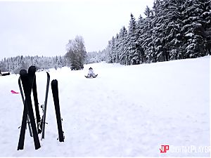 Playful skier Nikky desire takes her trainer's boner in the snow